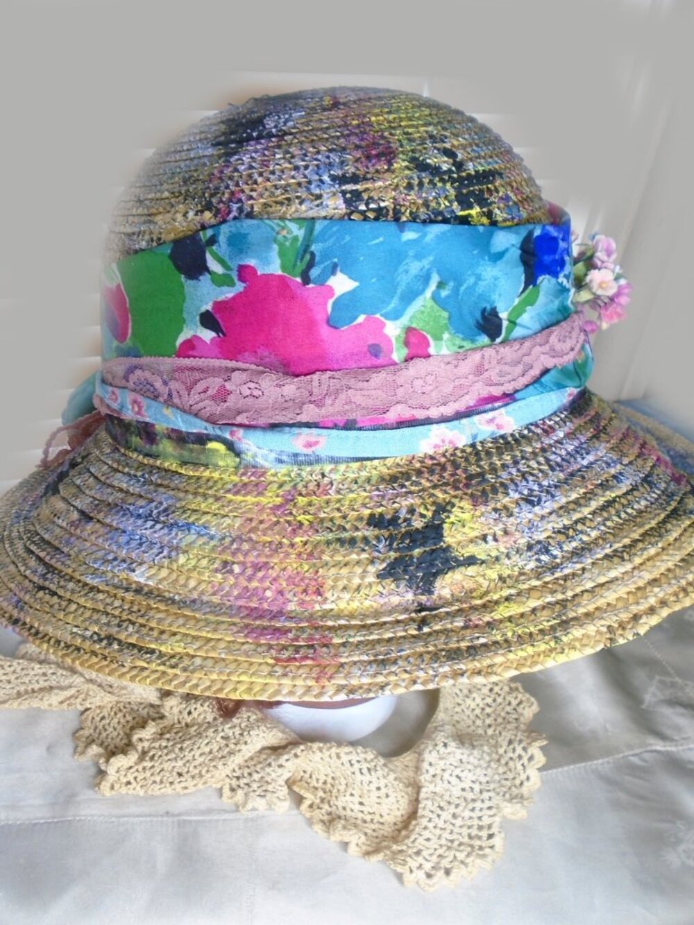 Unique Straw Hat is Upcycled One of a Kind, Hobo Chic Bohemian Poverty Core - Picture 5 of 8